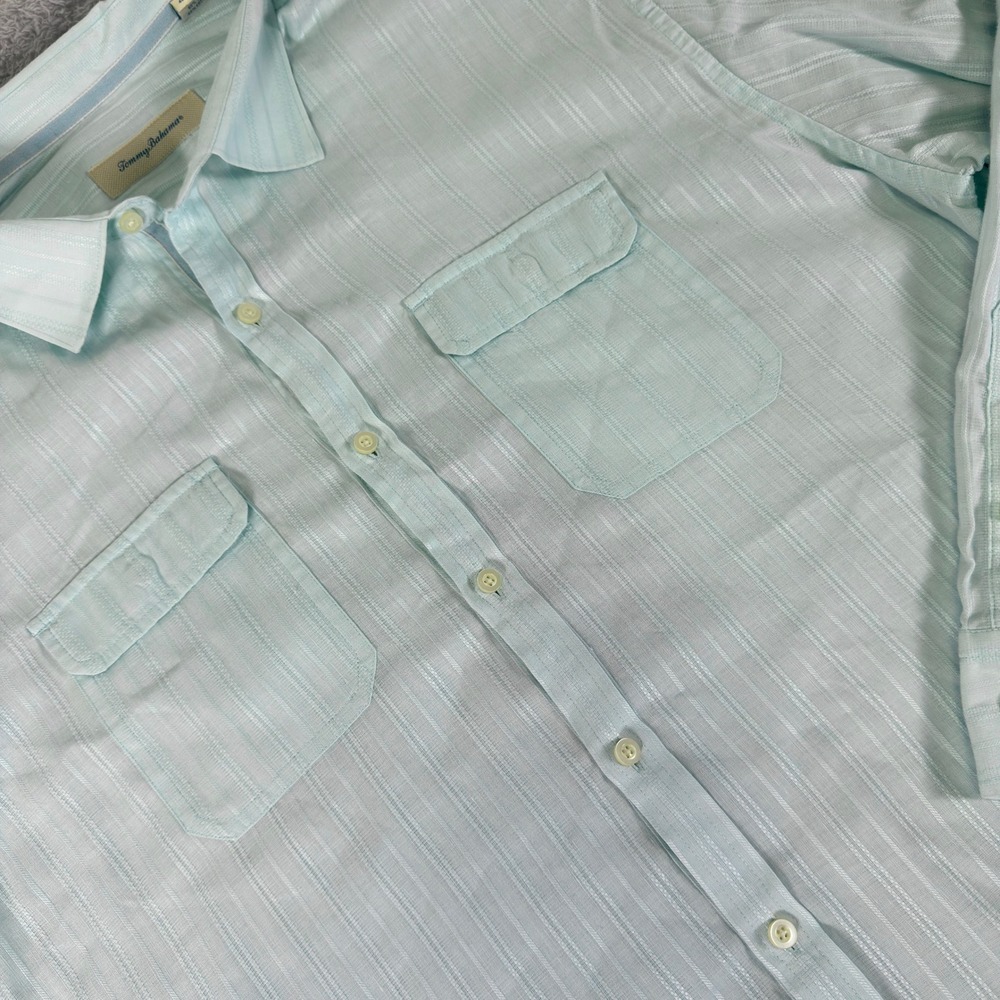Tommy Bahama Mens XL Linen Cotton Mint Green Dobby Stripe Button Down Shirt